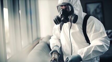 A guy from the pest control service in a mask and a white protective suit sprays poisonous gas. Generation AI - obrazy, fototapety, plakaty