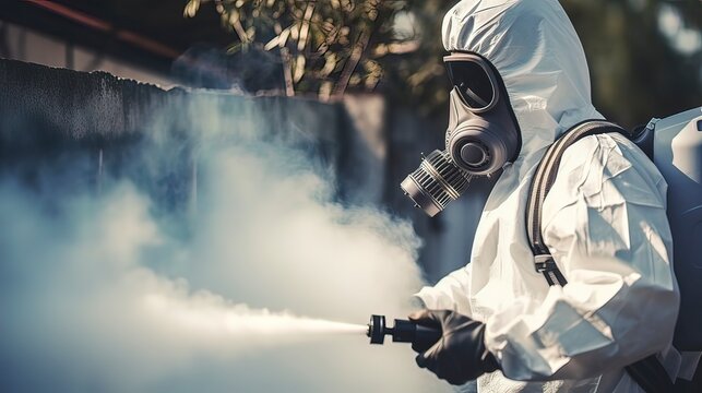 A guy from the pest control service in a mask and a white protective suit sprays poisonous gas. Generation AI
