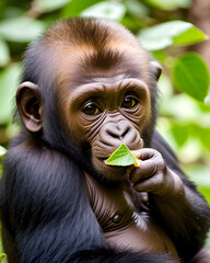 A small chimpanzee is consuming a leaf