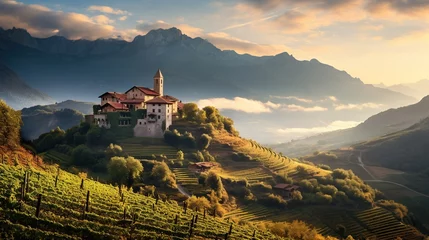 Fototapete Rund European Village landscape, from the coastal charm to scenic vineyards and historic villages, culminating in a serene sunset. Celebrate the timeless essence of European countryside. © AlexRillos