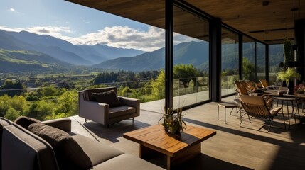 Fototapeta premium View from modern apartment to breathtaking mountain landscape with vegetation