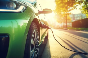 Closeup of electric car charging outdoors with the power plug cord connected to the charging port. Generative AI