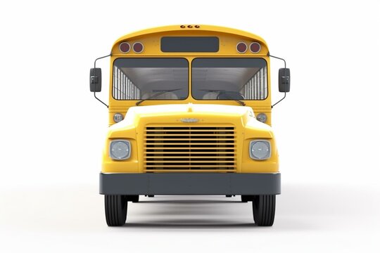 Front view of a school bus, rendered in 3D, against a white background. Generative AI