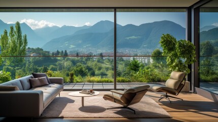 View from modern apartment to breathtaking mountain landscape with vegetation