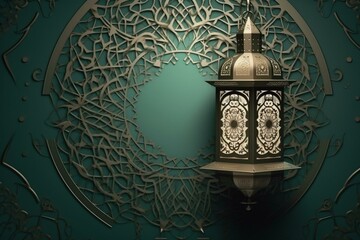 Greeting card with elegant Islamic design showcasing crescent moon, lantern, and intricate Arabic pattern for Ramadan. Generative AI