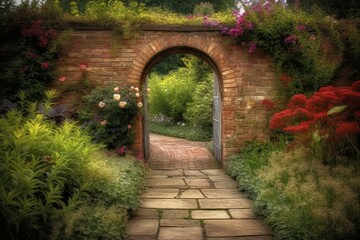 An artwork depicting a pathway, garden, red flowers, stone path, gate, and brick arch. Generative AI