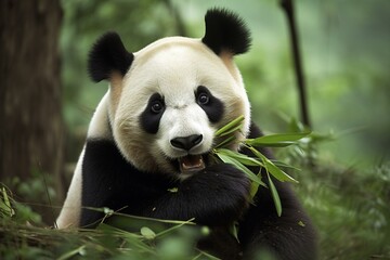 Large panda devouring bamboo. Generative AI - obrazy, fototapety, plakaty