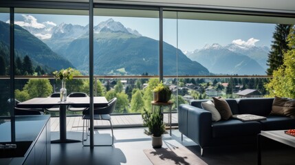 Fototapeta premium View from modern apartment to breathtaking mountain landscape with vegetation