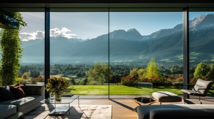 View from modern apartment to breathtaking mountain landscape with vegetation