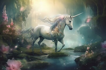 Illustration of a mythical creature in a dreamy backdrop, featuring a unicorn and enchanting elements. Generative AI