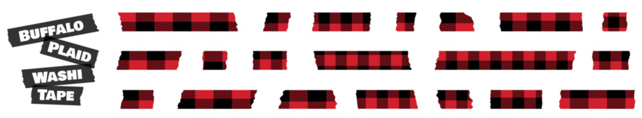 Vector set with red and black lumberjack buffalo plaid Christmas torn stripes of adhesive paper tape for scrapbooking and holiday decoration - 664107564