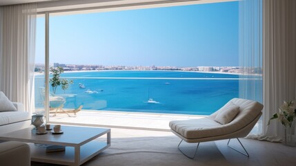 View from luxury apartment to open sea - obrazy, fototapety, plakaty