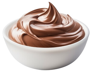 Melted chocolate cream inside of white bowl on isolated transparent background
