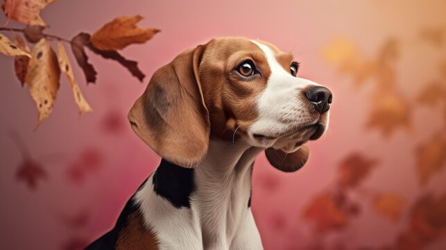 Beagle in autumn leaves decoration dog photoshooting