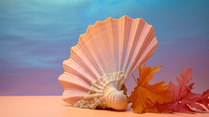 Purple seashell with autumn leaves and pastel colored background traveling fall decoration