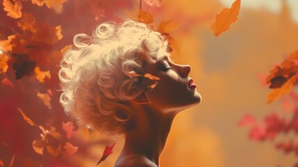 Fototapeta na wymiar Blonde woman in autumn leaves decoration beauty advertisement mockup