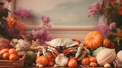Crabs and crustaceans in autumn studio decoration traveling fall advertisement scene - obrazy, fototapety, plakaty