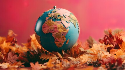 Obraz na płótnie Canvas Earth globe in autumn leaves fall decoration travel advertisement