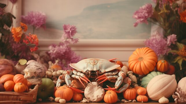 Crabs and crustaceans in autumn studio decoration traveling fall advertisement scene