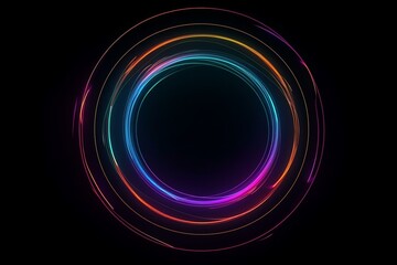 Abstract glowing neon light circle on black background. Generative AI