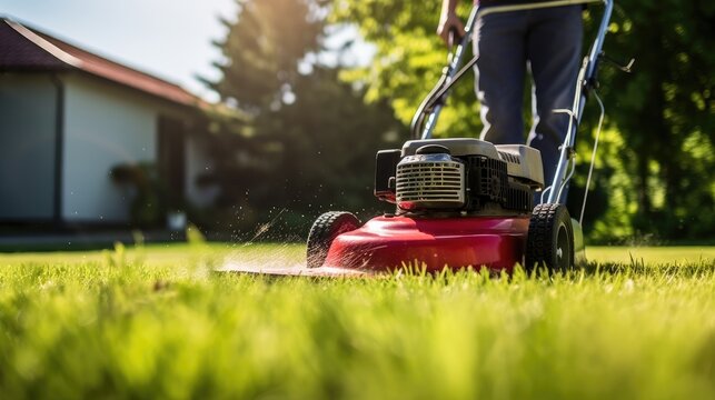 unrecognizable man mowing lawn with lawnmower
