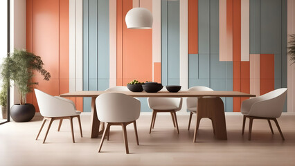 modern dining room, line wall, chair wood