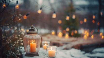 Blurred garden party background on cozy winter day. Romantic concept