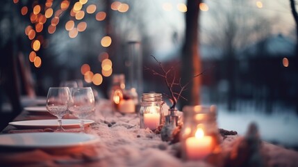 Blurred garden party background on cozy winter day. Romantic concept