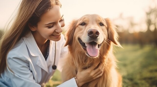beautiful female veterinarian with a golden retriever dog
