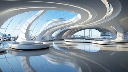 Luxury interior design of a modern building. 3d render of interior of modern office building. 3d illustration