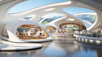 Obraz premium Luxury interior design of a modern building. 3d render of interior of modern office building. 3d illustration