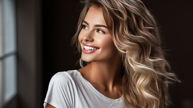 a closeup photo portrait of a beautiful young blonde model woman laughing and smiling with clean teeth. used for a dental ad. isolated on white background. Generative AI