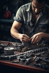 Fototapeta na wymiar A close-up photography of a mechanic hands repairing engine parts