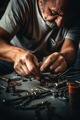 A close-up photography of a mechanic hands repairing engine parts