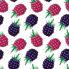 Blackberry and raspberry seamless pattern on colorful background. Vector illustration.
