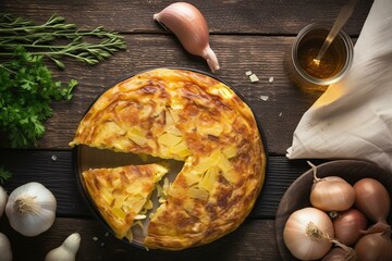 An omelette made with potatoes and onions, commonly known as Spanish tortilla, viewed from above against a rustic background. Generative AI - obrazy, fototapety, plakaty