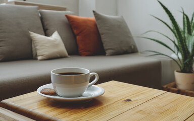 Fototapeta na wymiar Beautiful cup of cappuccino on the table in front of sofa in modern house with plants and nice view.