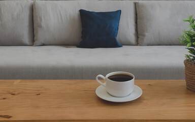 Fototapeta na wymiar Beautiful cup of cappuccino on the table in front of sofa in modern house with plants and nice view.