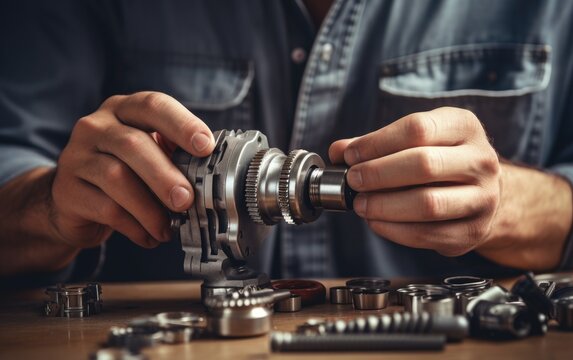 A close-up photography of a mechanic hands repairing engine parts