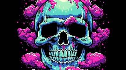 abstract blue skull in a liquid pink cloud. Fantasy concept , Illustration painting. - obrazy, fototapety, plakaty