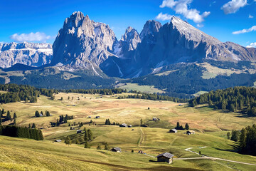 Iconic panorama of Sassolungo - Langkofel mountain group in autumn at Seiser Alm Alpe di Siusi,...