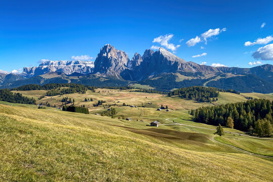 Iconic panorama of Sassolungo - Langkofel mountain group in autumn at Seiser Alm Alpe di Siusi, Dolomites, South Tyrol, Italy