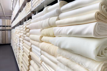 Fototapeta na wymiar warehouse of wedding fabrics. Many white and beige fabrics of different types are folded in even piles on racks. Sewing wedding business.