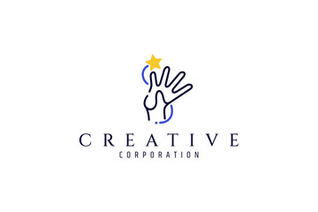 child hand reaching for stars with line art logo design