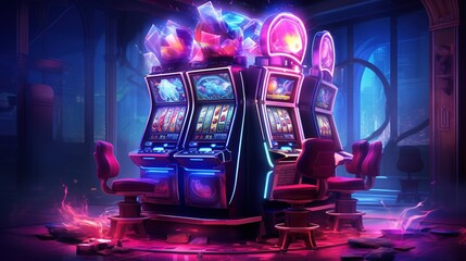 a slot machine in a dark room with glowing lights. Fantasy concept , Illustration painting.