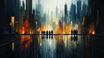 An abstract crowd of people in a city. Generative AI. 