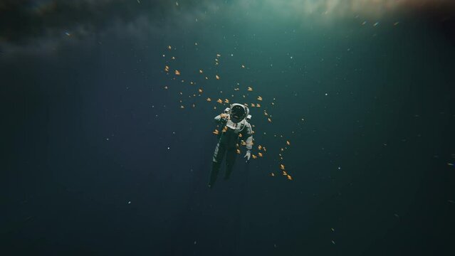 Astronaut floating in space and playing with butterflies in a 3D animation