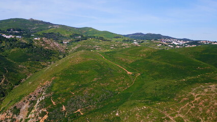 Fototapeta premium Panoramic view grassy slopes under cloudy sky. Mountain hills covered greenery