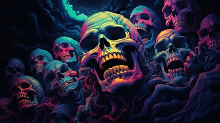 a group of skulls painted in neon colors. Fantasy concept , Illustration painting. - obrazy, fototapety, plakaty