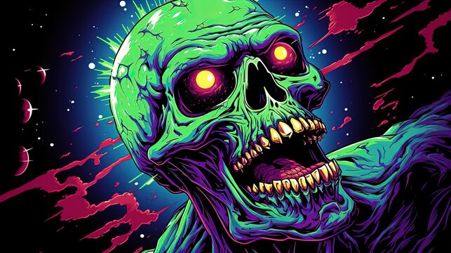 a green monster, neon skull of zombie with big green glowing eyes, standing in space. Fantasy concept , Illustration painting.